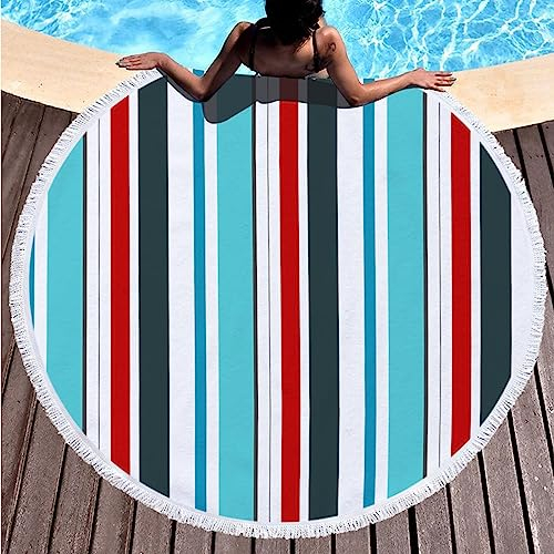 KnSam 150x150cm Strandtuch, Mikrofaser Hamamtuch Rund Vertical Streifen Muster, Badehandtuch Badetücher Strand, für Reise, Strand, Sauna, Weiß Blau Rot