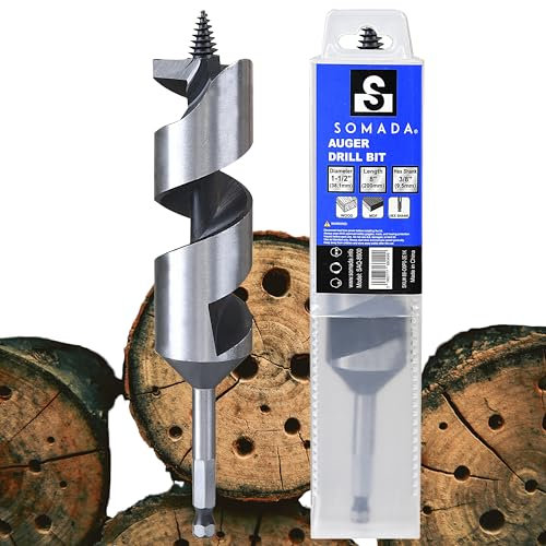 SOMADA 1-1/2-Inch x 8-Inch Auger Drill Bit for Wood, Quick Change Hex Shank 3/8-Inch One Piece, Ship Auger Long Drill Bit for Soft and Hard Wood, Plastic, Drywall and Composite Materials