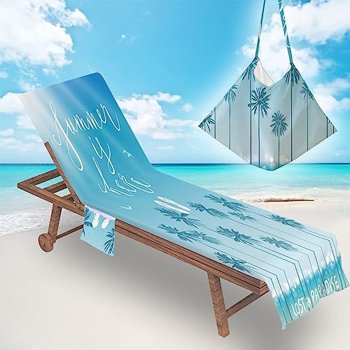 FANSU Schonbezug Für Gartenliege Frottee Liegenauflage Liegestuhl Handtuch mit Taschen Strand Strandliegenauflage Weich Strandtuch für Reisen Schwimmen (75x210cm,Kokosnussbaum)