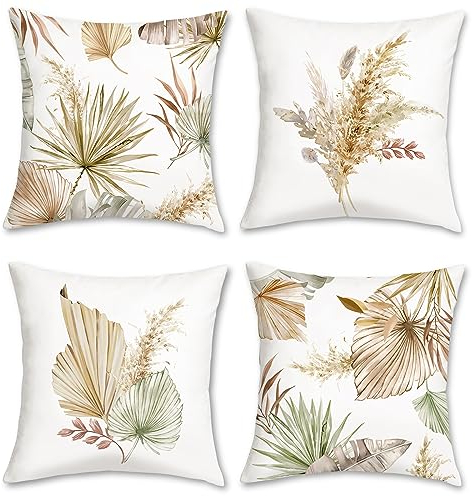 Bonhause 4er Set Kissenbezüge Boho Palmblätter 45 x 45 cm Tropische Pflanzen Blätter Samt Soft Dekorative Kissenhülle Zierkissenbezüge für Sofa Schlafzimmer Garten Zuhause Dekoration