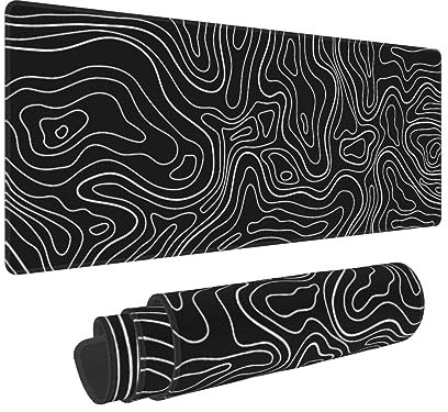 Grand tapis de souris de jeu XXL, tapis de souris minimaliste topographique étendu, base en caoutchouc antidérapant avec bords cousus, tapis de clavier noir, pour la maison, le bureau