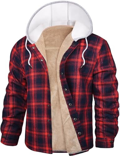 UMIPUBO Veste Polaire Homme Chaude Hiver Carreaux Chemise Veste Sweat a Capuche Manteau Chaud Décontracté Hoodie Sweatshirt(Rouge + Bleu,M)