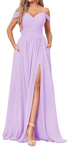 SAYNO Schulterfreies Brautjungfernkleid für Hochzeit, Chiffon, V-Ausschnitt, Abschlussball, Partykleid mit Taschen, Flieder, 36