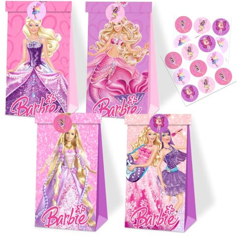 12 Sacchetti Regalo di Carta Principessa con 18 Adesivi,Sacchettini di Carta per Caramelle Compleanno Bambini,Sacchetti Caramelle Regalo Compleanno Bambini Festa Bambina Rosa,Matrimon