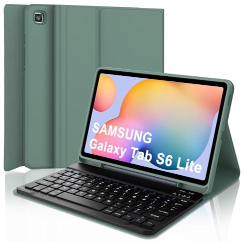 Keyboard Case for Samsung Galaxy Tab S6 Lite 10.4, Wireless Detachable Bluetooth Keyboard, Slim Protective Cover with Pencil holder for Samsung Galaxy S6 Lite 10.4 Inch 2024/2022/2020, Dark Green