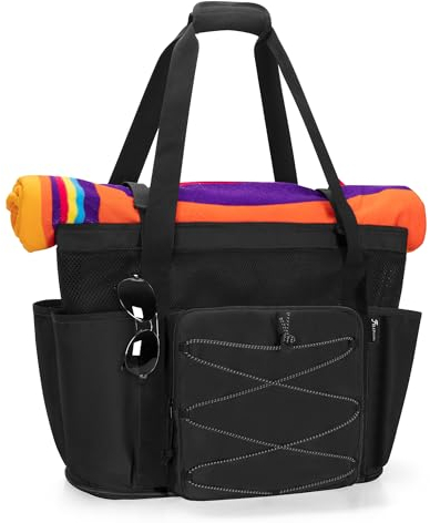 Fasrom Strandtasche xxl mit Reissverschluss unten, Badetasche xxl Familie, Saunatasche Damen Groß, Schwimmtasche Familie, Strandtasche Wasserdicht mit reißverschluss, Strand-Rucksack Herren, Schwarz