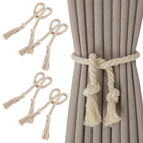 4 Pièces Embrasses de Rideaux, Embrasses Rideau Tricotées à la Main, Beige Embrasse Rideau, Curtain Tie Corde à Attacher pour Rideaux pour la Décoration des Rideaux de La Maison et du Bureau