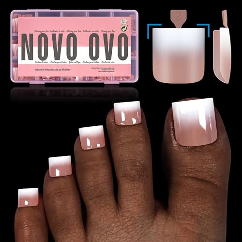 NOVO OVO Lot de 240 faux ongles d'orteils à presser avec pointe française ombrée pré-conçue en gel souple, apprêt et couche de base, couverture complète en acrylique, 15 tailles, 240 pièces