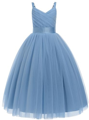 Odizli Kinder Mädchen Ärmellos Spaghettiträger V-Ausschnitt Prinzessin A-Linie Tüllkleid Festlich Hochzeit Blumenmädchenkleider