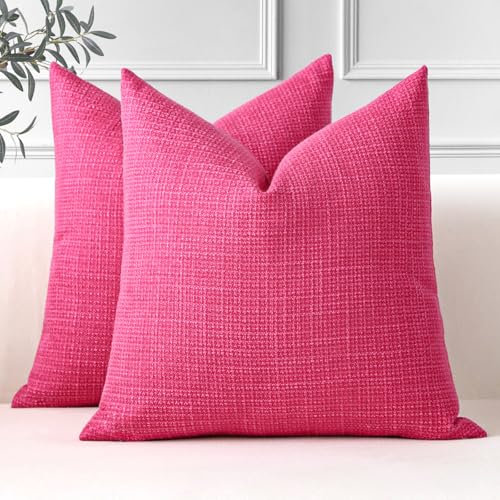 JOTOM 2er Set Leinen Kissenbezüge, Dekorative Weich Einfarbig Wurf Kissenbezug Moderne Kissenhüllen Sofakissen Dekokissen Zierkissenbezug für Wohnzimmer Schlafzimmer Deko (45x45cm, Tief Pink)