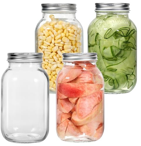 Zanfqvo Mason Jars 1000ML, Pack de 4 Tarros de conserva de vidrio, Tarro de Albañil, Tarros de vidrio con tapas para avena nocturna, mermelada casera, Conservas