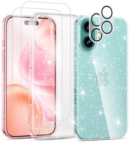 Noyabox für iPhone 16 Transparent Glitzer Hülle mit 2 Panzergläsern, Handyhülle Silikon Funkelnd Weich Leicht Kratzerfest TPU Case, Durchsichtig