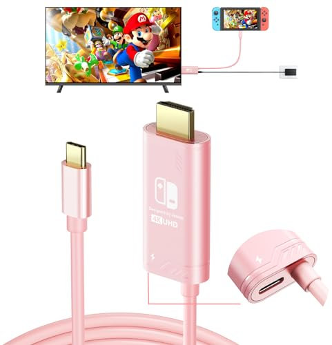 JEMDO USB C to HDMI Dock Cable with PD100W Charging Port, Portable Switch to TV Connector Adapter for Nintendo Switch NS/OLED Screen Mirroring, 4K@30Hz, 1.2m(3.93 ft), Pink