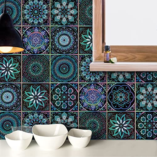 WALULAW 24pcs Tile Stickers for Kitchen Bathroom 15x15cm Moroccan Vintage Stick on Tiles Self Adhesive Floor Wall Stickers Vinyl Waterproof Oil Proof DIY (Mandala Blue, 20x20cm(8x8))
