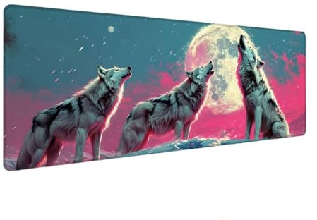 XXL Mouse Pad 300x800x4 mm, Large Mouse Mat Moon, Gaming Mouse Pad Wolf, Extended Mouse Mats for Desk, Keyboard and Mouse Mat with Stitched Edges, Non-Slip Rubber Base Desk Pad for Office Gaming G-6