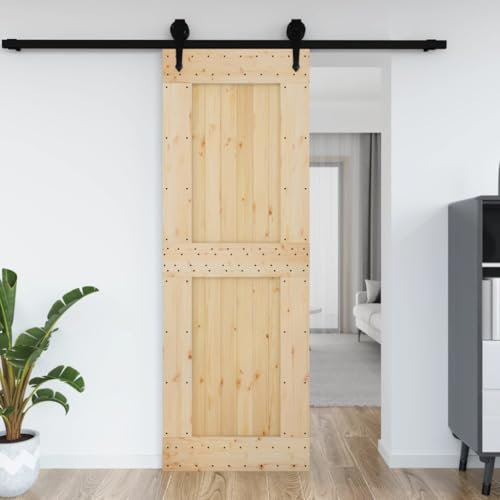 Annlera Schiebetür Innentür Scheunentür Holzschiebetür Eingangsmöbel Tür aus Massives Kiefernholz für Schlafzimmer Küchen Scheunen Garagen Usw Platzsparendes Design Braun+Schwarz 80x3,6x210 cm