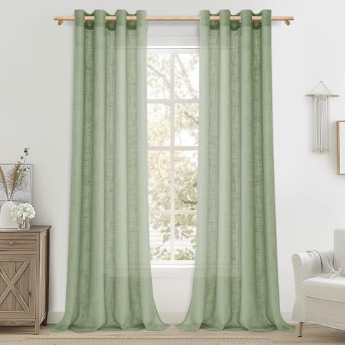 MRTREES Tende Voile Semi-trasparente Effetto Lino Verde Salvia 2 Pezzi con Occhielli 140x245 CM Tende Leggere per Interni Camera da Letto Moderna Soggiorno Salotto Tenda da Interno