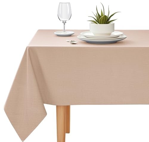 YEAHSEA Rectangle PVC Table Cloth 200x140cm,Waterproof Table Cover Protector Wipe Clean Table Cover for Kitchen Party Outdoor Indoor,Beige