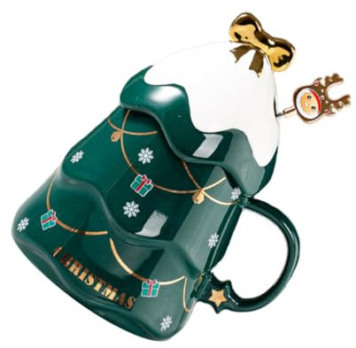 Ciieeo 12 Oz Christmas Tree Mug Set Lid Ceramic Mug Beer Cup Water Cup Ideal Present for Christmas Family