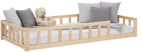 Homestyle4u Bodenbett 90x200 Natur Montessori Kinderbett mit Rausfallschutz Lattenrost Kinder Holzbett