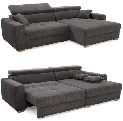Ecksofa 277x187 cm mit elektrischer Sitztiefenverstellung, 60 cm ausfahrbar, Kopflehnen höhenverstellbar, USB-A und USB-C Ladefunktion, Ottomane beidseitig montierbar, Cord Grau Anthrazit / 15402