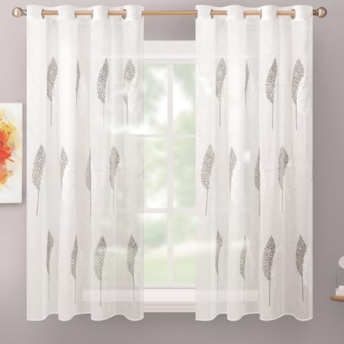 Delindo Lifestyle Gardine mit Ösen, 140x145 cm, halbtransparent, Blattmuster in Grau, 2er Set, Weiß