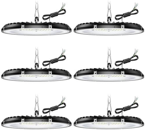 6 Pack 150W UFO LED Werkstattlampe, Hallenstrahler 22500LM, 6000K Kaltweiß Industrielampe High Bay Light, IP65 Wasserdichte Industrielampe High Bay Licht für Fabriken, Garage, Lagerhaus, Beleuchtung