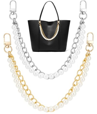 QIUTIMIY 2 Stück Perlen-Geldbörsenketten-Anhänger für Handtaschen, Geldbörsen, Umhängetaschen, Riemenverlängerungskette, Damentaschen-Dekorationszubehör,dicke Kette,Gold & Silber