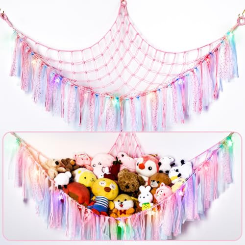 Stuffed Animal Hammock with LED Lights - 59 Inch Large Toy Storage Net for Kids Bedroom, Wall-Mounted Plush Organizer with Wooden Rings, Nursery Decor (Pink)