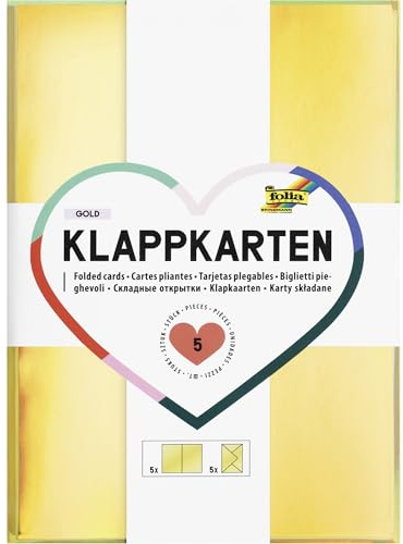 folia 150562 - Klappkarten GOLD, 5 Karten 10,5 x 14,8 cm und 5 Briefumschläge 11 x 15,5 cm in gold-metallic, für Gruß- und Glückwunschkarten