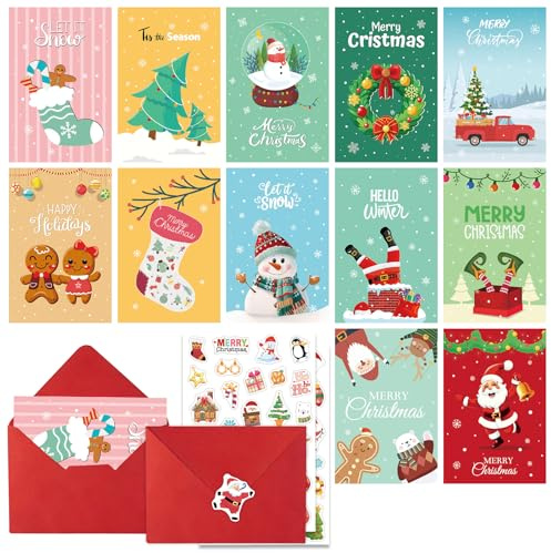 ZukQvrivelig Weihnachtskarten Set,12 Weihnachtskarten mit Umschlag + 2 Sticker,Bunte Weihnachts Postkarten für Grüße,DIY Bastelset für Freunde Familie