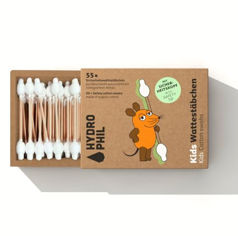Hydrophil Kinder Wattestäbchen mit Sicherheitskopf – extra sicher für Babys & Kinder – plastikfrei & nachhaltig – aus Bambus & Bio-Baumwolle - 55 Stück (Einzel, 55, Stück)