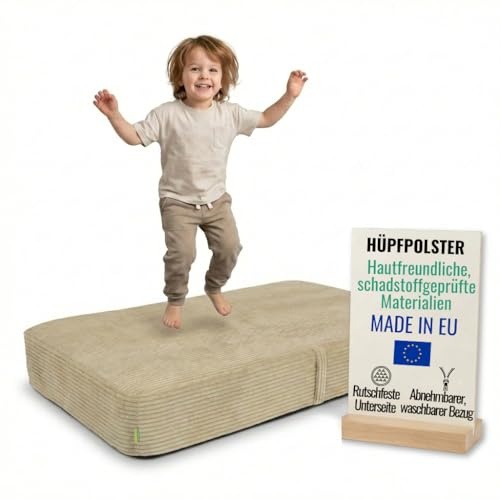 Pillows24 Hüpfpolster für Kinder Indoor 70x110x17 cm, mit abnehmbarem Bezug | Hüpfkissen mit Federn & Schaumstoff, Kindertrampolin für Zuhause, Hüpfmatte mit Cordbezug, Trampolin indoor kinder, Cappucino