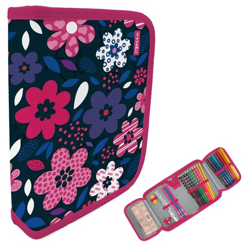 itenga Schüler-Etui 28 teilig gefüllt 1-Zipper Federmäppchen für Jungen und Mädchen (Blumen)