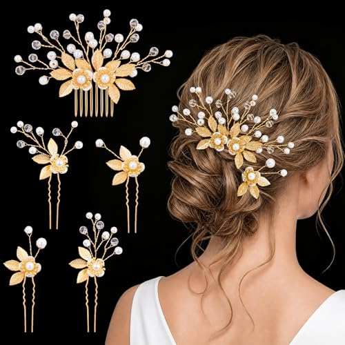 MELLIEX 5 Piezas Horquillas para el Pelo Boda, Perlas Cristal Tocados de Novia, Flor Pinzas para Cabello de Novia para Boda Fiesta Velada (Dorado)