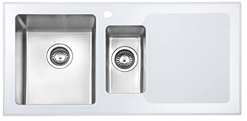 JASSFERRY Küchenspüle 1,5 Becken Einsatz, Rechts Hand Glänzend Glasplatte Abtropffläche Waschbecken Edelstahl Abfluss Rohrsatz