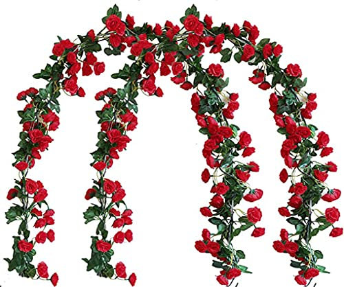 Lannu Künstliche Rosenranken, künstliche Girlande, Efeublumen, Seide, hängende Girlande, Pflanzen für Zuhause, Hochzeit, Party, Dekorationen, (Hot Pink) (69 Kopf Rot)