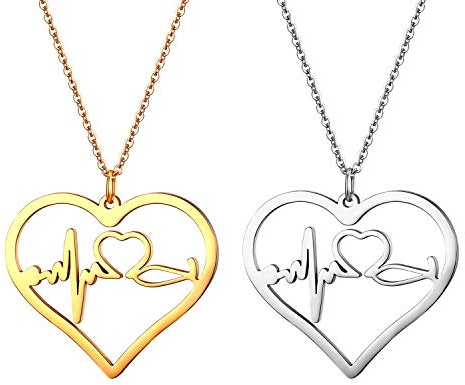 JewelryWe Schmuck 2pcs Edelstahl Herzschlag Pulse Rhythmus EKG Herzfrequenz Hohl Herz Anhänger mit 45cm Kette, Krankenschwester Arzt Medizinische Stethoskop Charme Halskette für Damen, Gold Silber