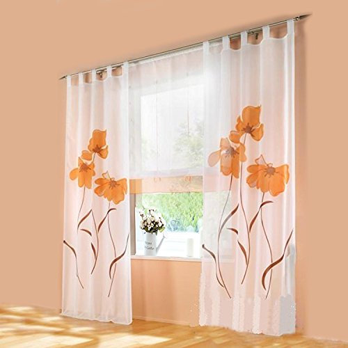 1 Stück Gardine mit Blumen Druck Floral Design Vorhang Transparent Voile Vorhänge (BxH 150x225cm, Orange mit Schlaufen)
