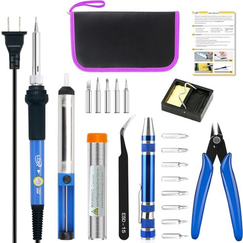 LDK Electric Soldering Iron Kit 60W, Adjustable Temperature with 5pcs Different Tips, Desoldering Pump, Stand, anti-static Tweezers, Solder Tube, Screwdriver, Cutter and Carry Bag for Repaired Usage