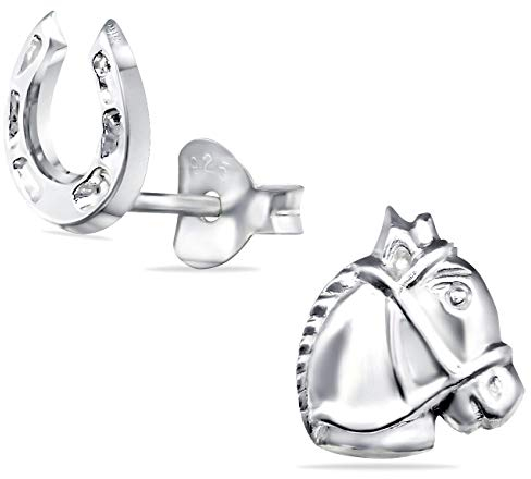 Tiwoca Jewellery - Mädchen Pferd Ohrringe, Pferd Ohrstecker mit Kopf und Hufeisen, Nickelfreier Silber, Pferde Kinder, Inklusive kostenloses Schmucketui und Schmuckpoliertuch