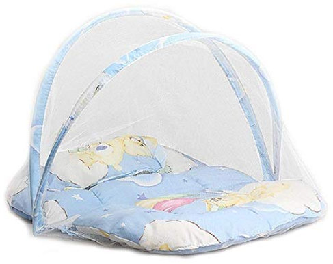 Lettino con zanzariera da viaggio - Culla - cuscino - morbido - imbottito - pieghevole - orsetti - bambini - bimbi - Rete - protezione insetti - Neonati - portatile - Rete traspirante - Colore azzurro