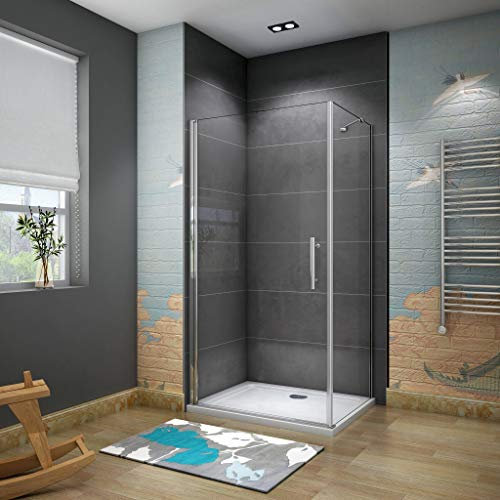 AICA Box Doccia Angolare Porta Battente Più Parete Laterale Fissa Vetro 6 mm Temperato Anticalcare Telaio e Barra Stabilizzatrice Cromato Lucido 80x70x185 cm