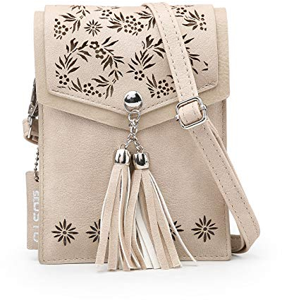 seOSTO Handytasche zum Umhaengen Damen,Handy Umhängetasche PU Leder Kleine Umhängetasche mit Quastenzubehör Schulterriemen Einstellbare Länge (Beige-Flowers)