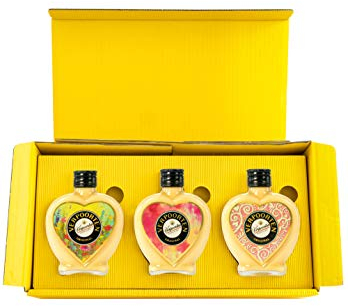 Geschenkset mit unseren 0,2 L Herzflaschen VERPOORTEN ORIGINAL Eierlikör 20%vol in den Motiven LOVE, RAINBOW und WILDFLOWERS