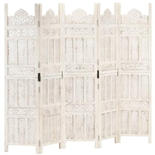 vidaXL Mangoholz Massiv Raumteiler 5-TLG. Handgeschnitzt Klappbar Trennwand Paravent Spanische Wand Umkleide Sichtschutz Weiß 200x165cm