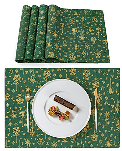Dremisland 4er Set Grün Tischsets Weihnachten Platzsets Baum Schneeflocke 30x45cm Weihnachtsplatzsets Weihnachtsdeckchen Waschbar Leinen Platzdeckchen Tischdeko Weihnachten für Küche Party Deko