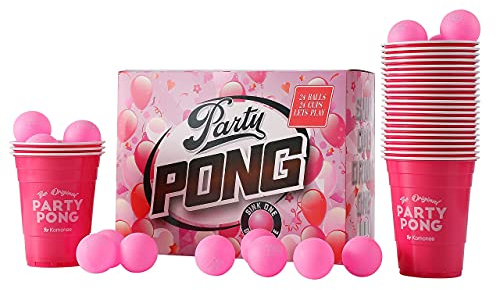 Komonee Party Pong Womens Girls Set 48 PCS American Adult Indoor Novelty Party Drinking Game 24 Re-usable Cups and 24 High Bounce Balls Great For Hen Parties And Weddings