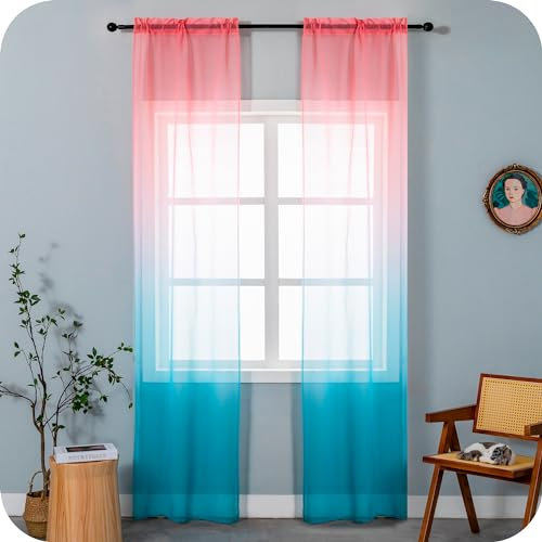 GIRASOLE HOME Paire de rideaux voile semi-transparents, couleur dégradée, rose et bleu ciel, rideau pour salon, chambre, cuisine, intérieur, 2 panneaux avec poche 70 x 258 cm