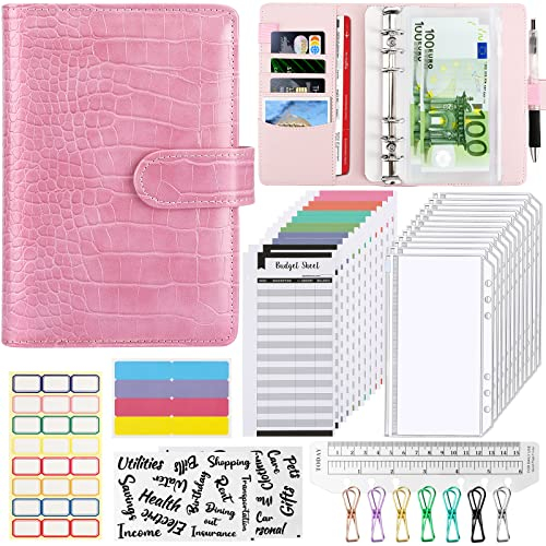 A6 Budget Binder Budget Planner, 37Pcs 6 Löcher Ringbuch Notizbuch mit Binderumschlägen, Budgetblätter, Etikettenaufklebern, Herrscher, Geld Aufbewahrung Sparbuch für Reisen und Tagebuch(Rosa)